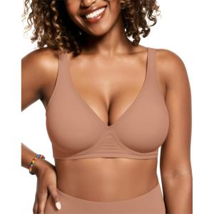 OEAK Womens Deep V Bras Wireless Comfortable Bra Supportive No Underwire Bras Tshirt Push Up Bralettes Plunge Seamless Bra(Latte)