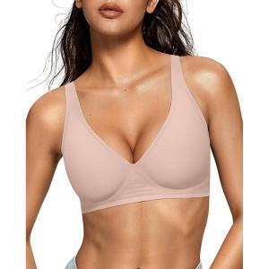 OEAK Womens Deep V Bras Wireless Comfortable Bra Supportive No Underwire Bras Tshirt Push Up Bralettes Plunge Seamless Bra(Nude)