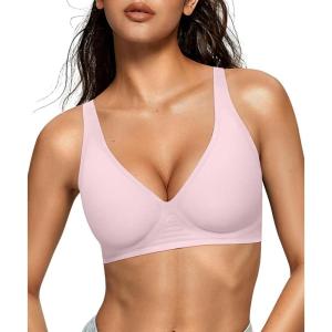 OEAK Womens Deep V Bras Wireless Comfortable Bra Supportive No Underwire Bras Tshirt Push Up Bralettes Plunge Seamless Bra(Pink)