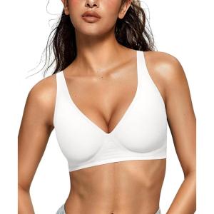 OEAK Womens Deep V Bras Wireless Comfortable Bra Supportive No Underwire Bras Tshirt Push Up Bralettes Plunge Seamless Bra(White)