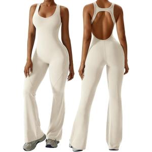 OEAK Womens Flare Jumpsuit with Bra Tummy Control Cutout Romper Workout Outfit Sleeveless Unitard One Piece Backless Bodysuit(Beige)