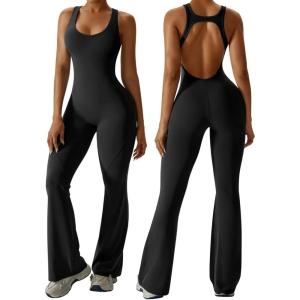 OEAK Womens Flare Jumpsuit with Bra Tummy Control Cutout Romper Workout Outfit Sleeveless Unitard One Piece Backless Bodysuit(Black)