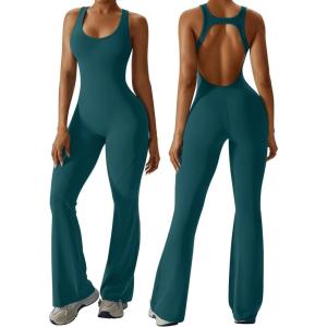 OEAK Womens Flare Jumpsuit with Bra Tummy Control Cutout Romper Workout Outfit Sleeveless Unitard One Piece Backless Bodysuit(Blackish Green)