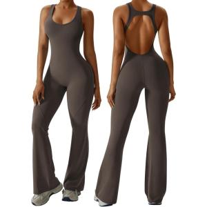 OEAK Womens Flare Jumpsuit with Bra Tummy Control Cutout Romper Workout Outfit Sleeveless Unitard One Piece Backless Bodysuit(Brown)