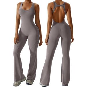 OEAK Womens Flare Jumpsuit with Bra Tummy Control Cutout Romper Workout Outfit Sleeveless Unitard One Piece Backless Bodysuit(Flaxen)