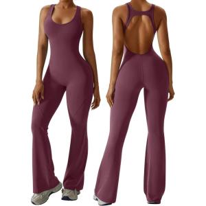 OEAK Womens Flare Jumpsuit with Bra Tummy Control Cutout Romper Workout Outfit Sleeveless Unitard One Piece Backless Bodysuit(Wine Red)