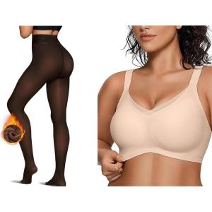 OEAK Womens Fleece Lined Tights Leggings Sheer Fake Translucent Tights Womens Wireless Bras V Mesh Comfortable Bralette Supportive Tshirt Bra Brown 300g S/M PLUS + Nude M
