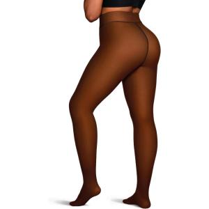 OEAK Womens Fleece Lined Tights Sheer Fake Translucent Pantyhose Thermal Tights High Waisted Footed Leggings(Caramel)