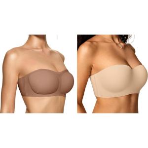 OEAK Womens Strapless Bras Push Up Bandeau Bra Coffee XL+Strapless Bras Underwire Non-Slip Tube Top Bra Nude 42C