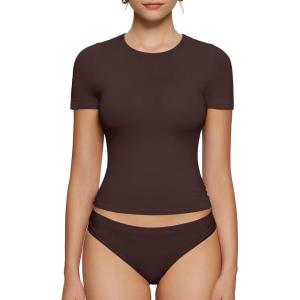 OEAK Womens T-Shirts Short Sleeve Shirts Crew Neck Basic Tees Soft Smoothing Seamless Tshirts Slim Fit Going Out Trendy Tops(Brown)