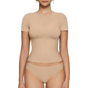 OEAK Womens T-Shirts Short Sleeve Shirts Crew Neck Basic Tees Soft Smoothing Seamless Tshirts Slim Fit Going Out Trendy Tops(Clay Color)