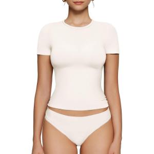 OEAK Womens T-Shirts Short Sleeve Shirts Crew Neck Basic Tees Soft Smoothing Seamless Tshirts Slim Fit Going Out Trendy Tops(White)