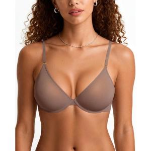 OEAK Womens Unlined Balconette Bra Sheer Mesh Bras Underwire Plunge Bralette See Through Demi Bra Seamless Tshirt Bras(Grey Purple)