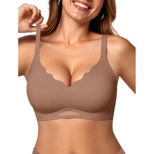 OEAK Womens Wireless Bras Scalloped Push Up Bralettes No Underwire Supportive Tshirt Bra Seamless Comfortable Everyday Bras(Coffee)