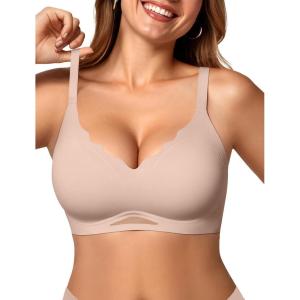 OEAK Womens Wireless Bras Scalloped Push Up Bralettes No Underwire Supportive Tshirt Bra Seamless Comfortable Everyday Bras(Nude)