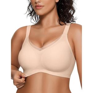 OEAK Womens Wireless Bras V Mesh Comfortable Bralette Supportive Tshirt Bra No Underwire Seamless Push Up Everyday Bras(Nude)