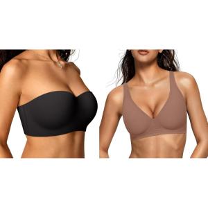 OEAK Womens Wireless Deep V Bras Coffee 3XL+Strapless Bras Underwire Non-Slip Tube Top Bra Black 40DD
