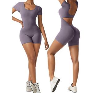 Short Sleeve Jumpsuit Workout for Women Square Neck One Piece Backless Tummy Control Bodycon Scrunch Butt Yoga Rompers(Purple)