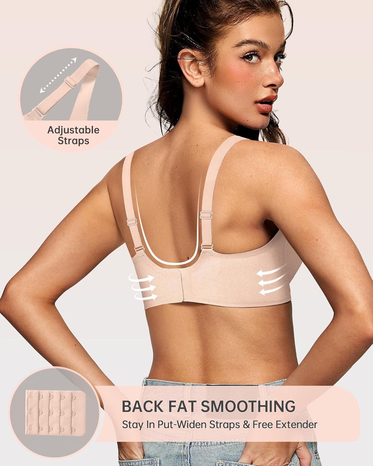 imageOEAK Womens Deep V Bras Wireless Comfortable Bra Supportive No Underwire Bras Tshirt Push Up Bralettes Plunge Seamless Bra Jacquard Nude L