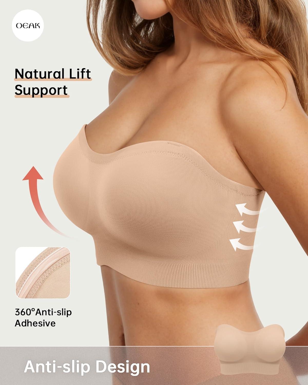 imageOEAK Womens Wireless Bras Supportive Black ampamp Strapless Bandeau Bras Non Slip Nude M