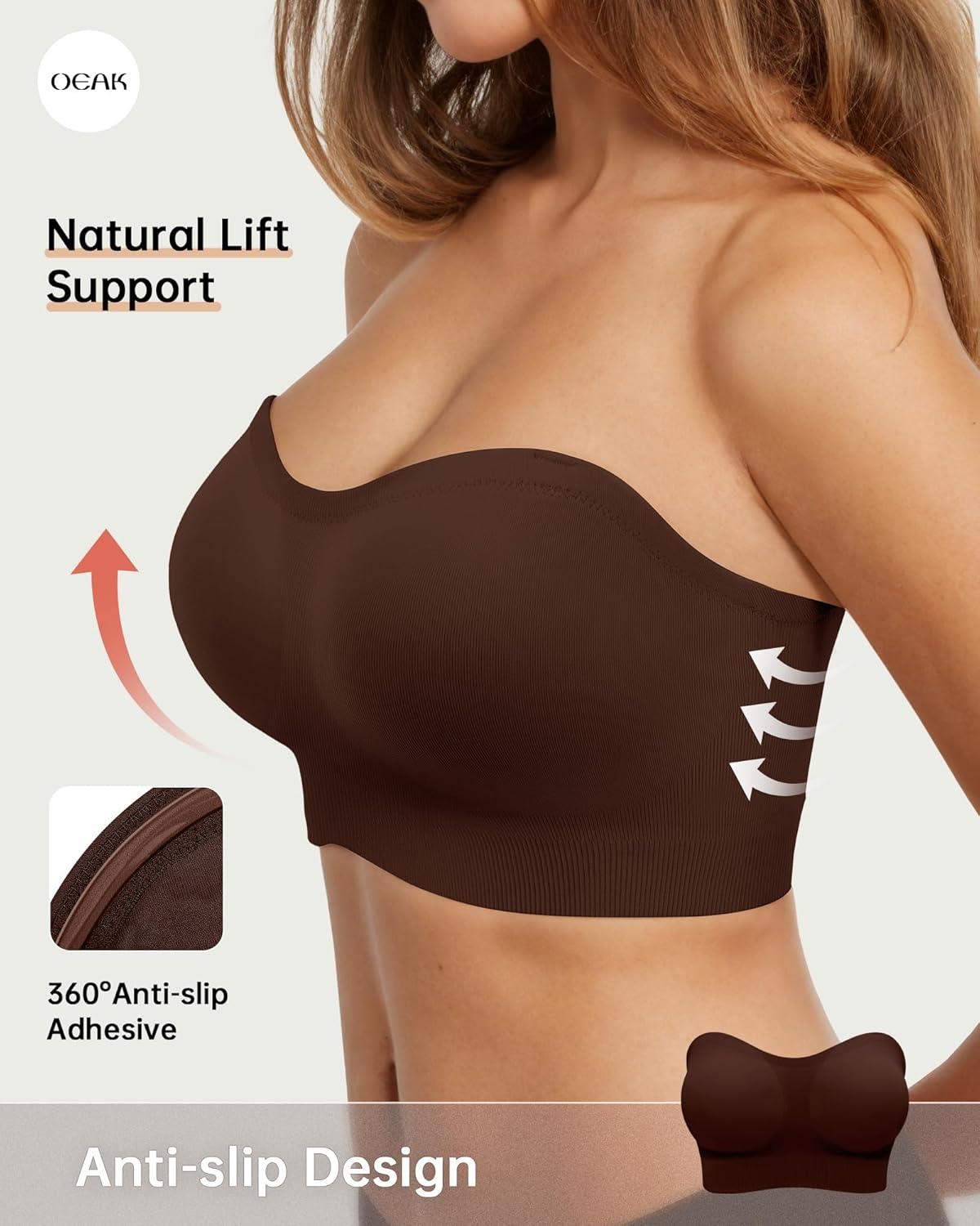 imageOEAK Womens Wireless Bras Supportive Nude ampamp Strapless Bandeau Bras Non Slip Chocolate M