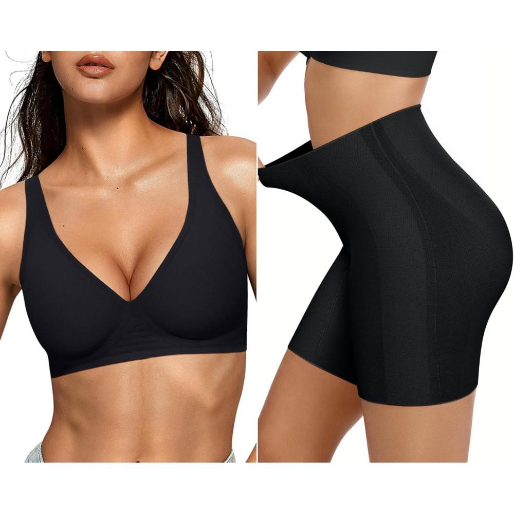 imageOEAK Womens Deep V Bras Wireless Bras ampamp Tummy Control Shapewear Seamless Black XL