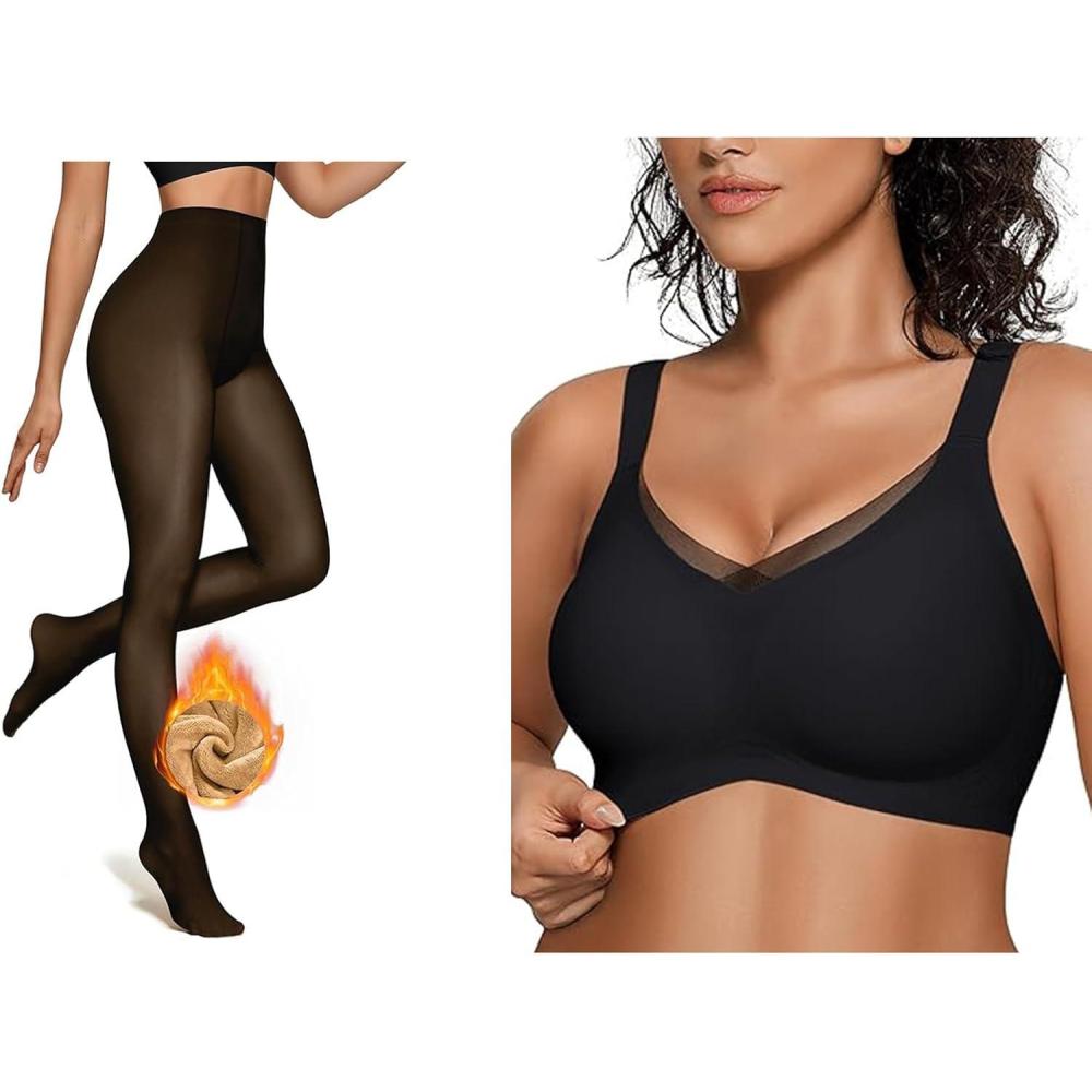 imageOEAK Womens Fleece Lined Tights Fake Translucent Pantyhose Womens Wireless Bras V Mesh Comfortable Bralette Supportive Tshirt Bra No Underwire Fake Translucent Black 300g 2XL XL