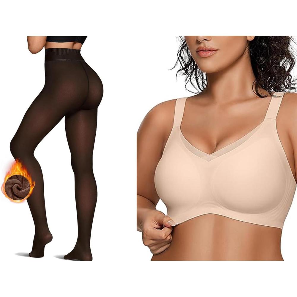 imageOEAK Womens Fleece Lined Tights Leggings Sheer Fake Translucent Tights Womens Wireless Bras V Mesh Comfortable Bralette Supportive Tshirt Bra Brown 300g LXL PLUS Nude XL