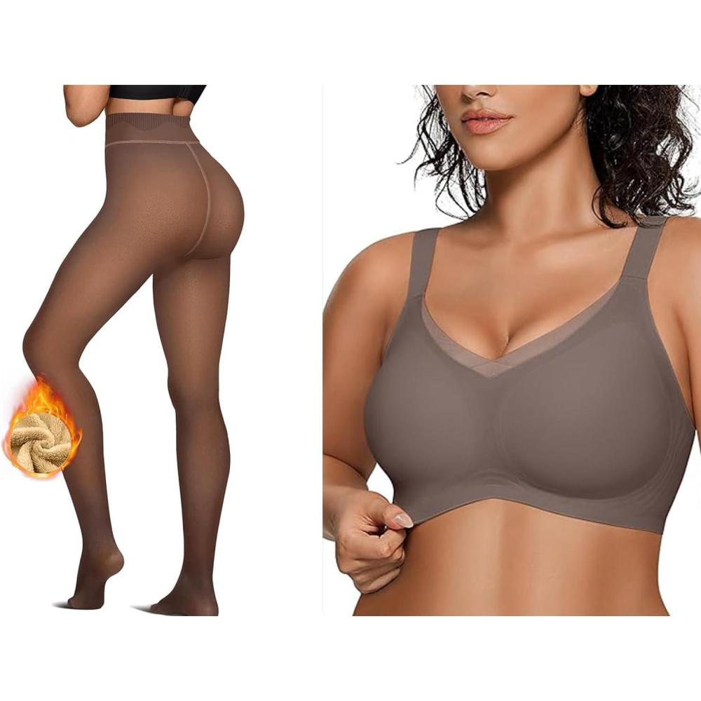 imageOEAK Womens Fleece Lined Tights Leggings Sheer Fake Translucent Tights Womens Wireless Bras V Mesh Comfortable Bralette Supportive Tshirt Bra Coffee 220g SM PLUS Grey M
