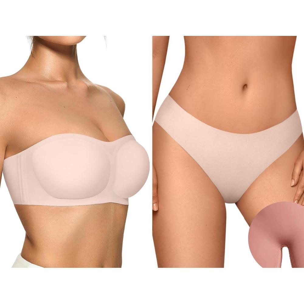 imageOEAK Womens Strapless Bras Push Up Skin Nude ampamp Cotton Thongs Seamless Thongs Cream S