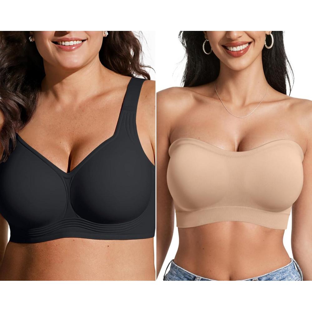 imageOEAK Womens Wireless Bras Supportive Black ampamp Strapless Bandeau Bras Non Slip Nude XL