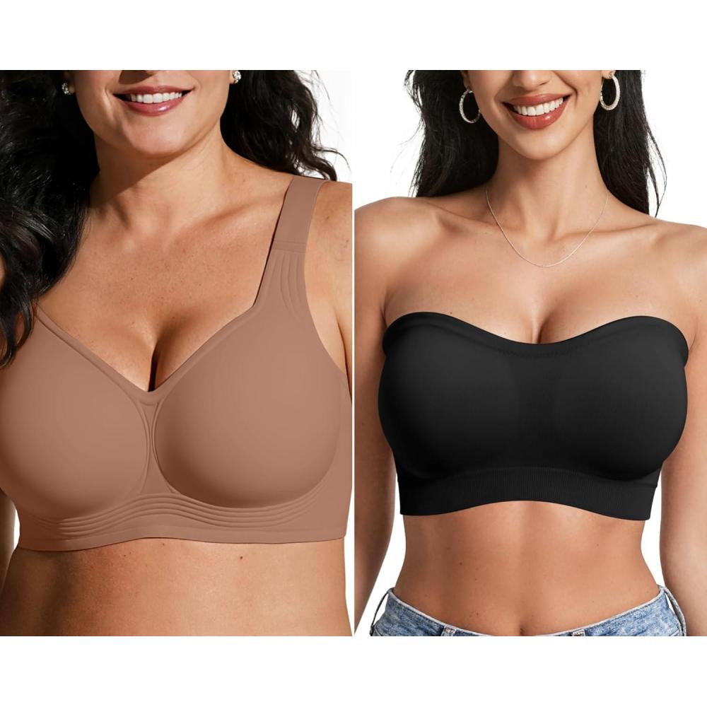 imageOEAK Womens Wireless Bras Supportive Coffee ampamp Strapless Bandeau Bras Non Slip Black L