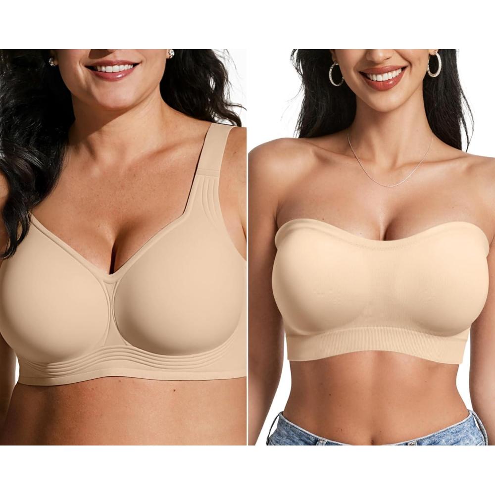 imageOEAK Womens Wireless Bras Supportive ampamp Strapless Bandeau Bras Non Slip Beige XL