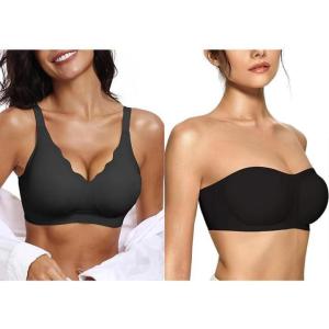 OEAK Womens Comfortable Wireless Bras Push Up Seamless Bralettes Strapless Bandeau Bra Non Slip Bras Tube Bra Black + Black M