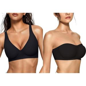 OEAK Womens Deep V Bras Comfortable Bras Support Push Up Bralettes Strapless Bandeau Bra Non Slip Bras Black + Black M