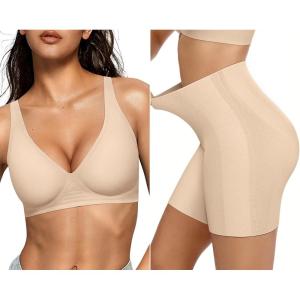 OEAK Womens Deep V Bras Wireless Bras Beige & Tummy Control Shapewear for Women Seamless Nude XXL