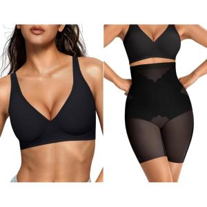 OEAK Womens Deep V Bras Wireless & Tummy Control Shapewear SuperPower Black L