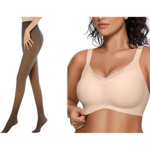OEAK Womens Fleece Lined Tights Fake Translucent Pantyhose Womens Wireless Bras V Mesh Comfortable Bralette Supportive Tshirt Bra No Underwire Fake Translucent Coffee 80g 2XL + Nude XL