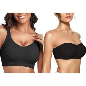 OEAK Womens Seamless Push Up Bras No Underwire Full Coverage Comfortable Bra Strapless Bandeau Bra Tube Bra Black + Black M