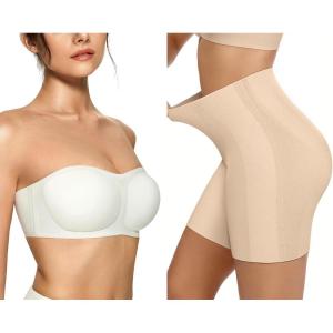 OEAK Womens Strapless Bras Push Up Bandeau Bra White & Tummy Control Shapewear Nude S