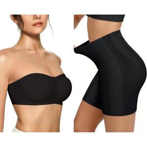 OEAK Womens Strapless Bras Push Up Bandeau Bra & Tummy Control Shapewear Black S