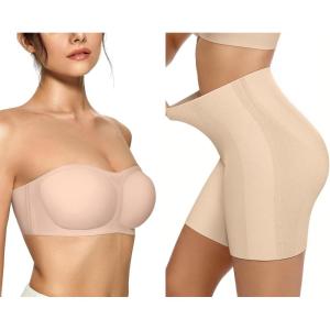 OEAK Womens Strapless Bras Push Up Bandeau Bra & Tummy Control Shapewear Nude L