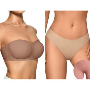 OEAK Womens Strapless Bras Push Up Coffee & Cotton Thongs Seamless Thongs Nude S