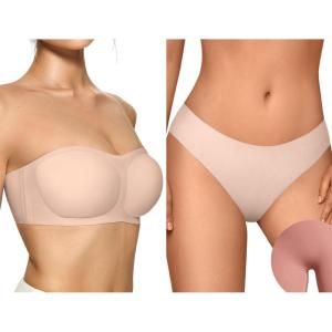 OEAK Womens Strapless Bras Push Up Nude & Cotton Thongs Seamless Thongs Cream S