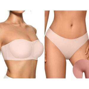 OEAK Womens Strapless Bras Push Up Skin Nude & Cotton Thongs Seamless Thongs Cream S