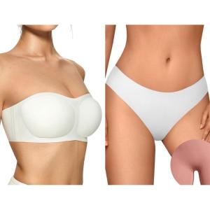 OEAK Womens Strapless Bras Push Up & Cotton Thongs Seamless Thongs White L