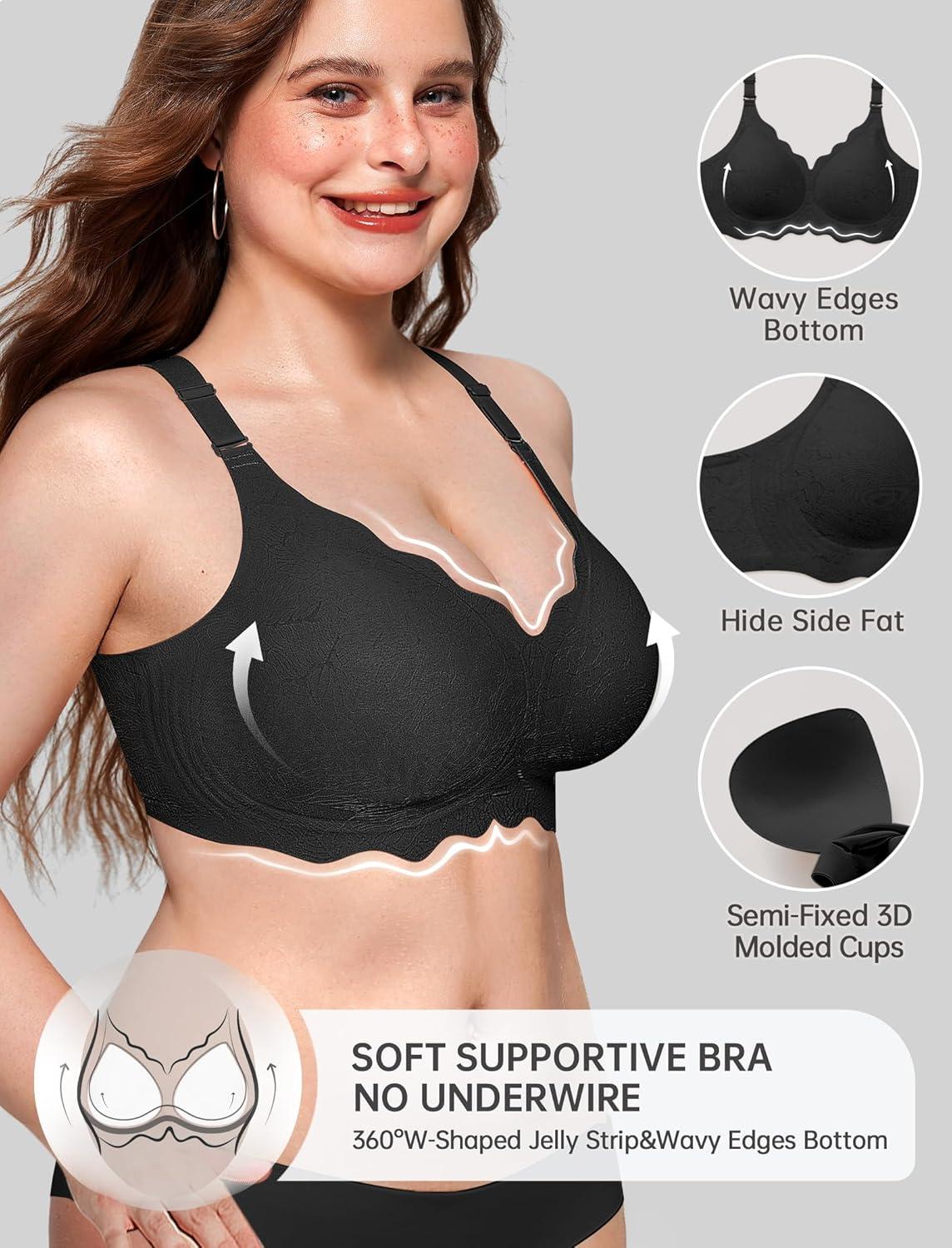 imageOEAK Womens Modern Scalloped No Underwire Sports Bra Full Coverage High Support Wire Free Adjustable Straps Black Size S