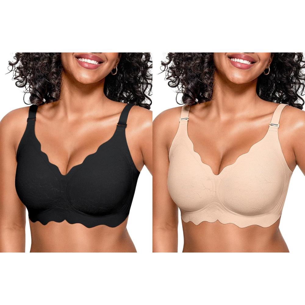 imageOEAK Womens Modern Scalloped No Underwire Sports Bra Full Coverage High Support Wire Free Adjustable Straps Black Size S