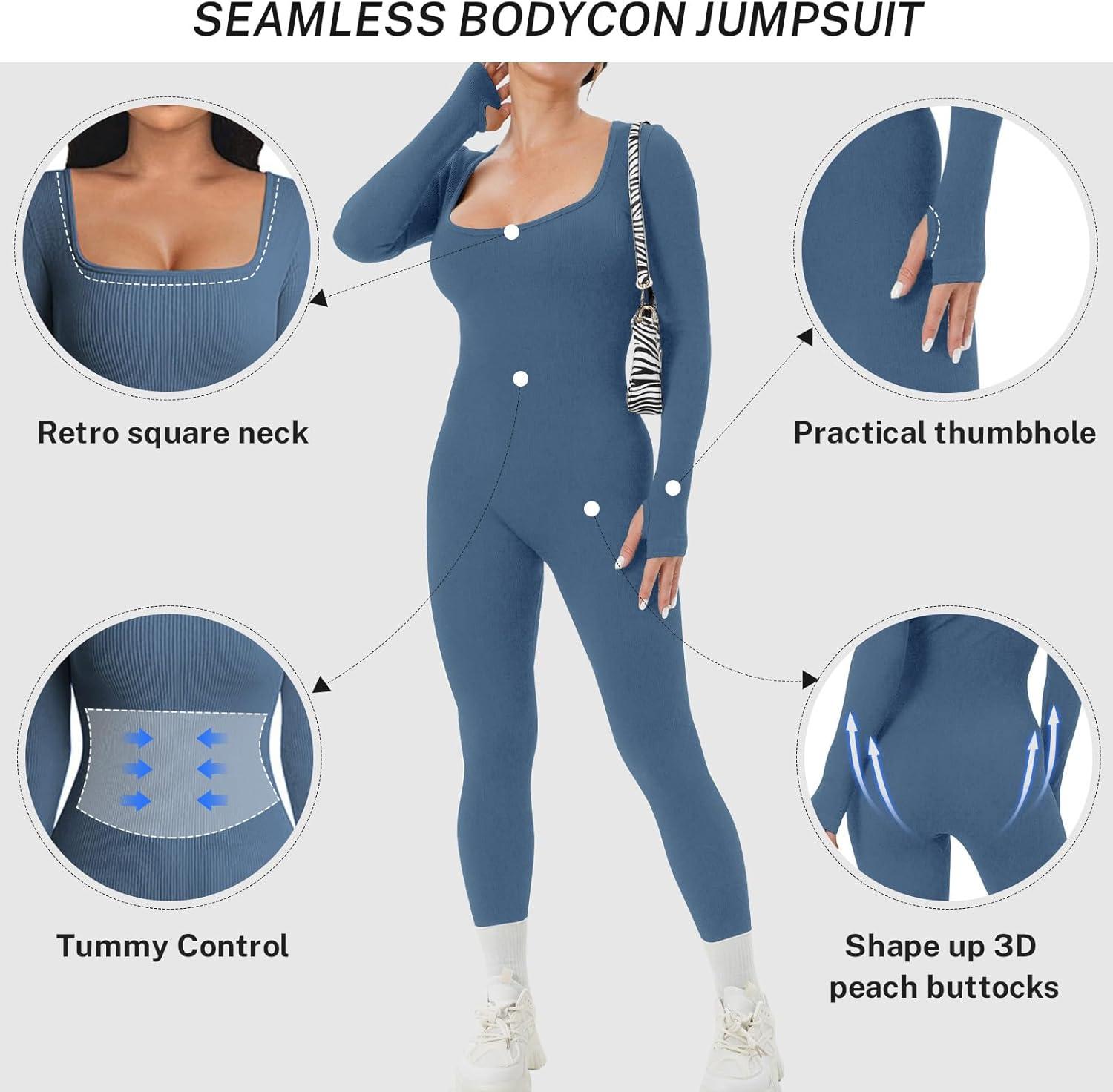 imageOEAK Womens Ribbed Jumpsuit with Tummy Control Long Sleeve Unitard Casual Yoga Rompers High Waisted One Piece Workout BodyconDark Blue