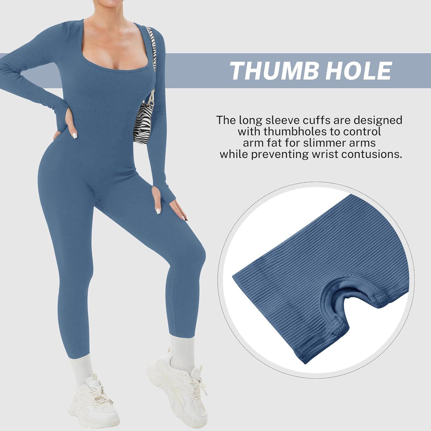 imageOEAK Womens Ribbed Jumpsuit with Tummy Control Long Sleeve Unitard Casual Yoga Rompers High Waisted One Piece Workout BodyconDark Blue